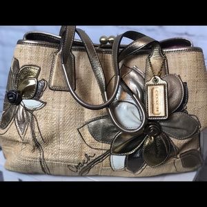 Coach Straw and Metallic Leather Handbag